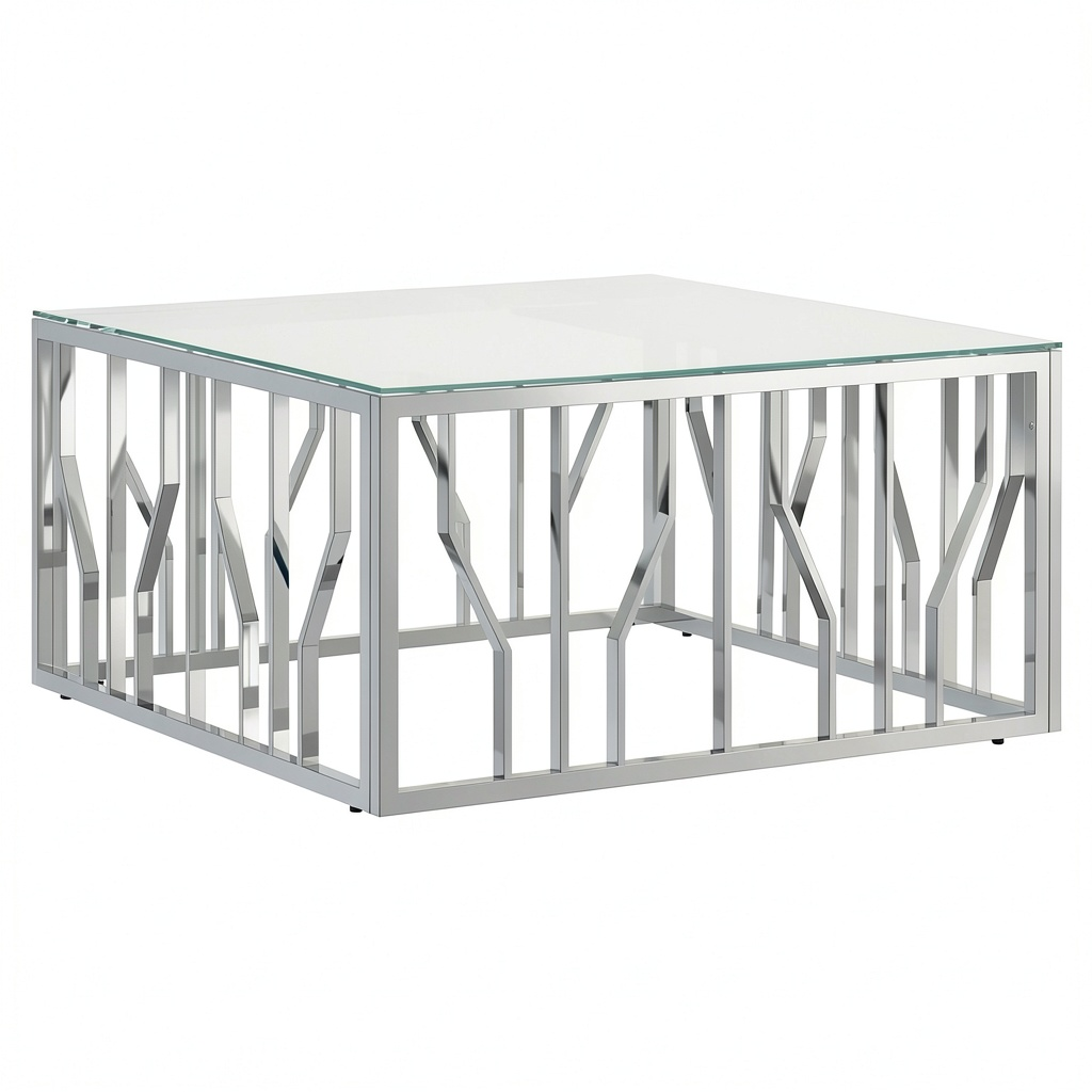 Tavolino moderno in acciaio inox e vetro effetto marmo bianco, 80x80x40 cm