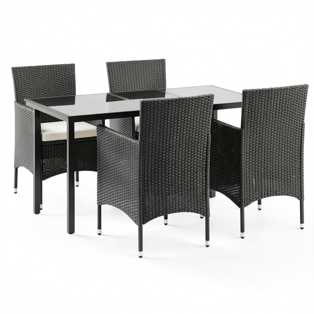 Set pranzo da giardino in polyrattan nero con tavolo in vetro e 4 sedie