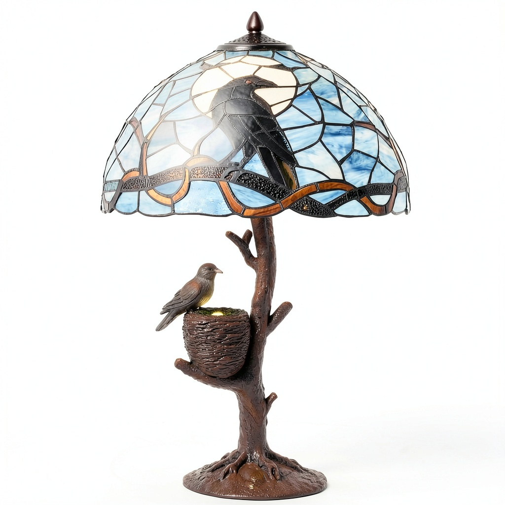 Lampada da tavolo Tiffany in vetro colorato con corvo su ramo e luna piena, design blu scuro, 41 x 61 cm