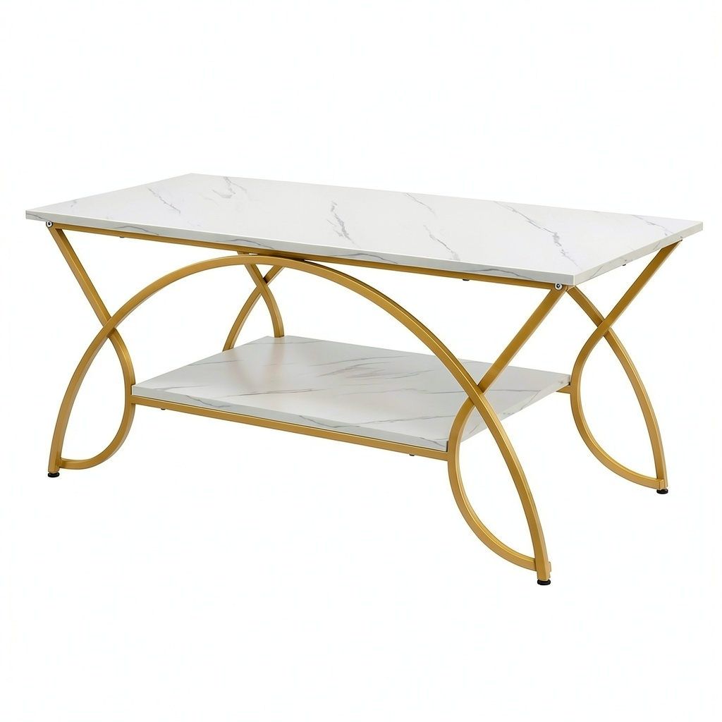 Tavolino da Caffè Bianco e Oro con Struttura in Metallo, Piano Effetto Marmo, 110x50x46 cm