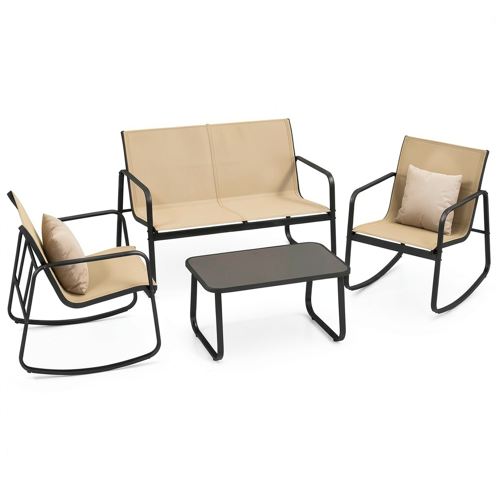Set da Giardino 4 Pezzi con Textilene e Tavolo in Vetro, Sedie e Divanetto a Dondolo per Patio
