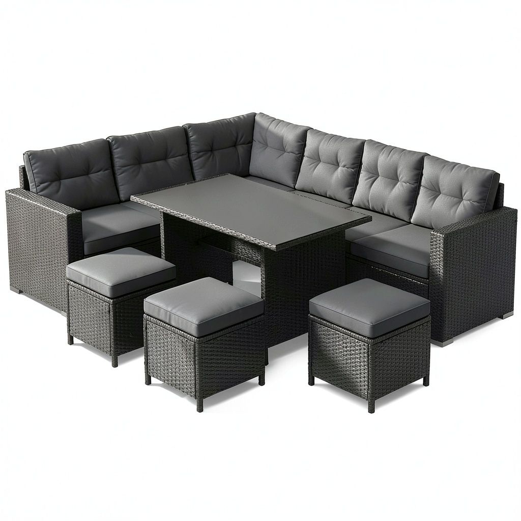 Set Divano Angolare in Rattan per Giardino, 9 Posti, con Tavolo in Vetro, 3 Sgabelli, Cuscini Impermeabili e Copertura Pioggia - Nero