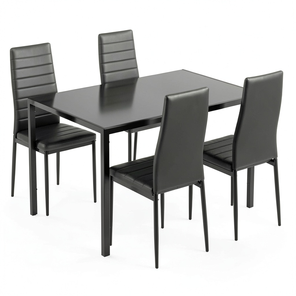 Set Tavolo da Pranzo con Piano in Vetro e Sedie in Similpelle Nera