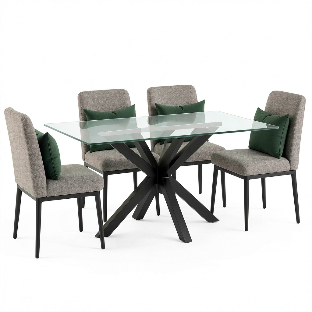 Tavolo da pranzo moderno in vetro nero con gambe in metallo, 140x80x75 cm