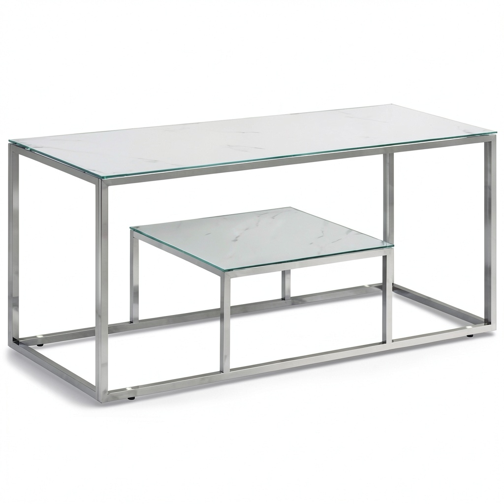 Tavolino moderno in acciaio e vetro marmo bianco per soggiorno 110x45x45 cm
