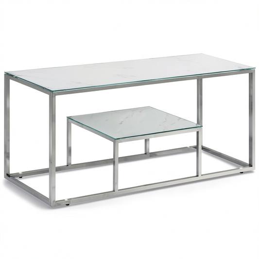 Tavolino moderno in acciaio e vetro marmo bianco per soggiorno 110x45x45 cm