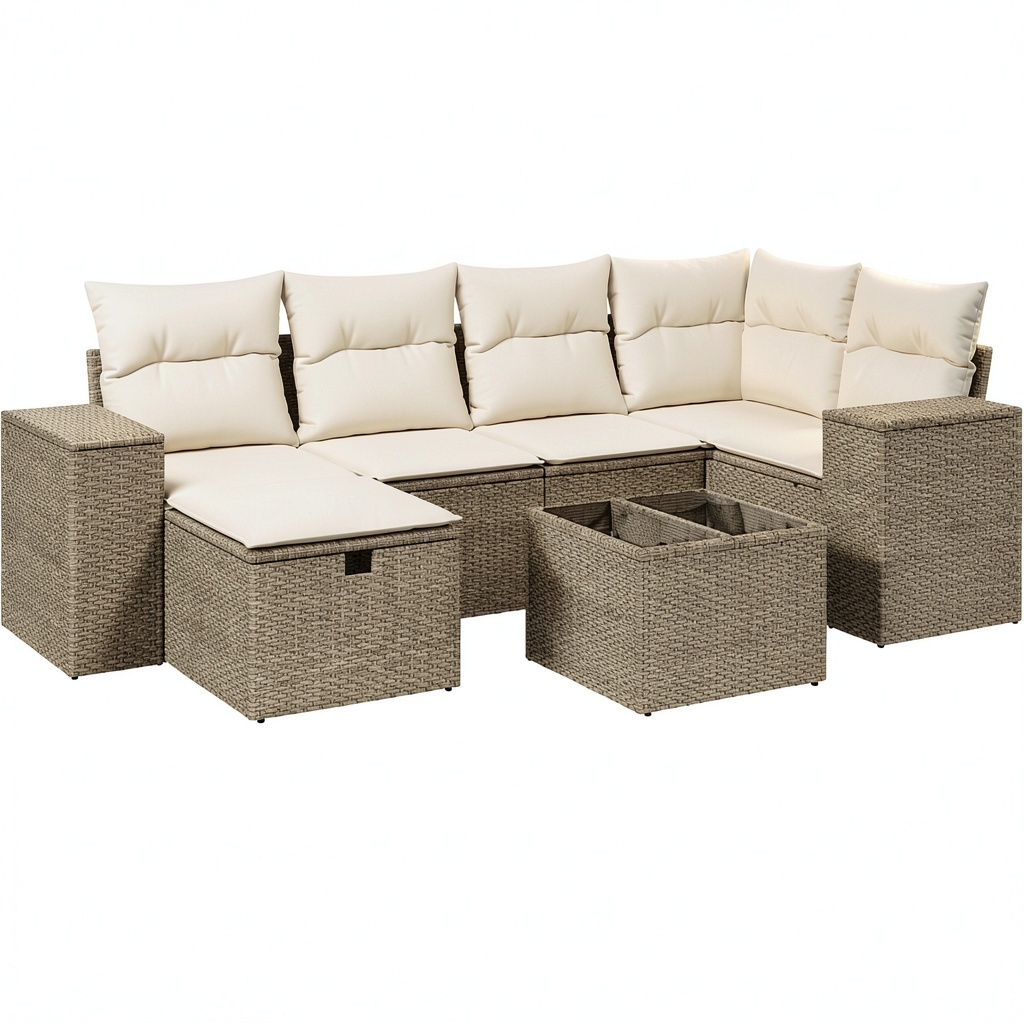 Set divani modulari da giardino in polyrattan beige con tavolo in vetro e cuscini sfoderabili