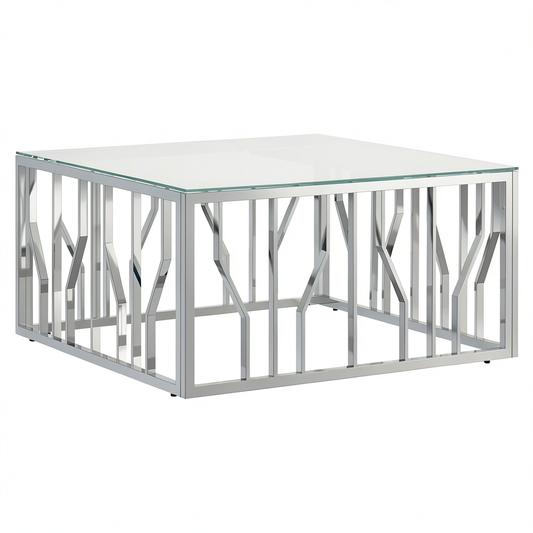 Tavolino moderno in acciaio inox e vetro effetto marmo bianco, 80x80x40 cm