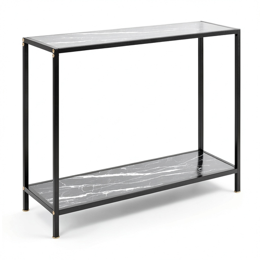 Consolle nera in vetro effetto marmo, 100x35x75 cm, design moderno e stabile