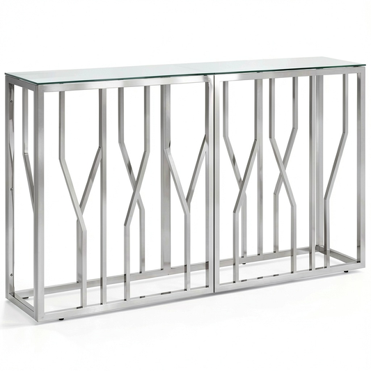 Consolle elegante in acciaio inox e vetro effetto marmo, 110x30x70 cm, per soggiorno, corridoio o ufficio