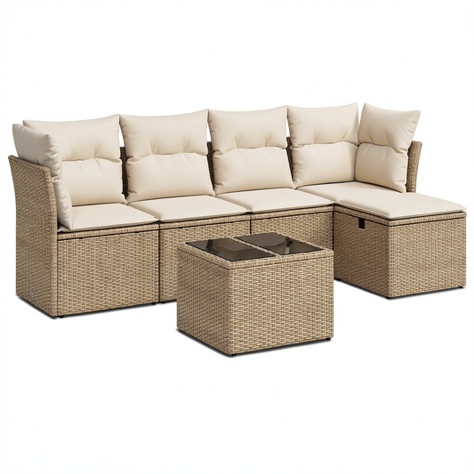 Divani modulabili in polyrattan beige con tavolo in vetro, set da giardino con cuscini sfoderabili