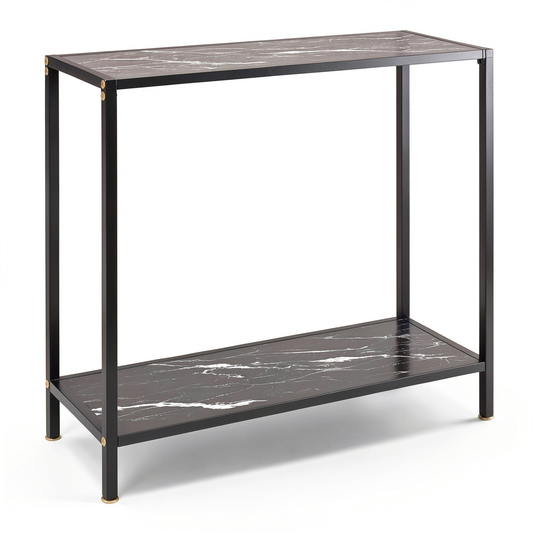 Consolle in vetro temperato effetto marmo con ripiano, 80x35x75 cm, acciaio nero per salotto, corridoio, camera e ufficio