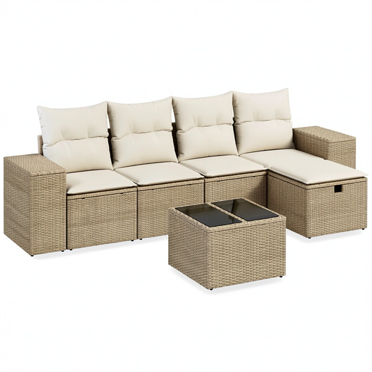 Set Mobili da Giardino in Rattan Sintetico con Cuscini Beige e Tavolo in Vetro
