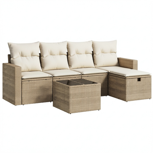 Set mobili da giardino modulare in polyrattan beige con cuscini e tavolo in vetro