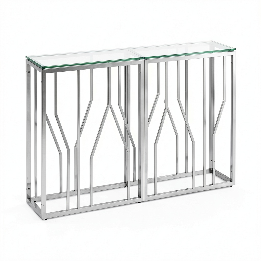 Consolle Argento in Acciaio Inox e Vetro Marmorizzato, 110x30x70 cm, per Corridoio e Ingresso