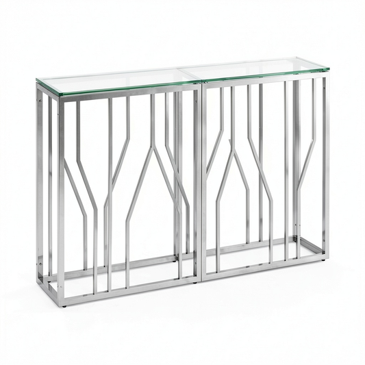 Consolle Argento in Acciaio Inox e Vetro Marmorizzato, 110x30x70 cm, per Corridoio e Ingresso