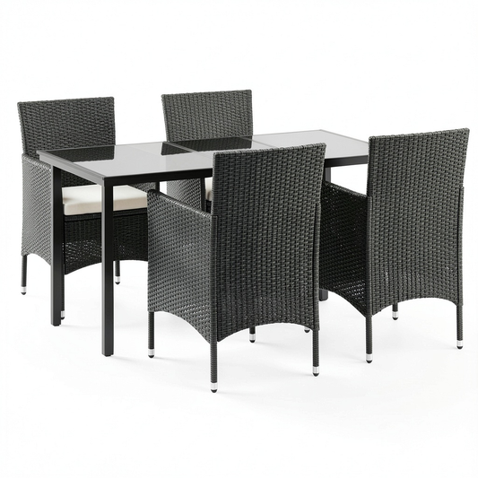 Set pranzo da giardino in polyrattan nero con tavolo in vetro e 4 sedie