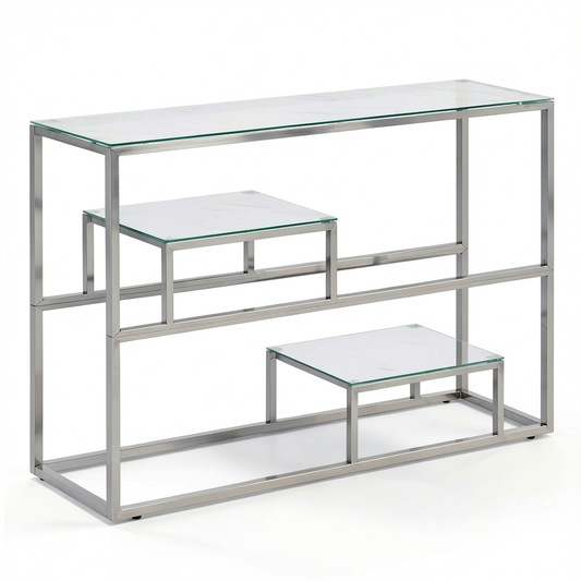 Consolle moderna in acciaio inox e vetro marmo bianco 110x35x70 cm