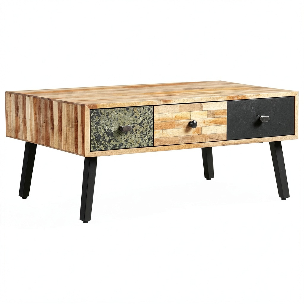 Tavolo da caffè vintage in legno di teak riciclato con 3 cassetti, 90x65x40 cm, effetto marmo
