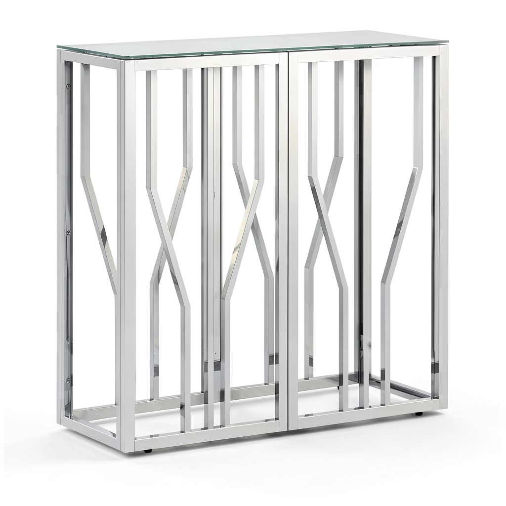 Consolle argentata in acciaio inox e vetro temperato effetto marmo, 70x30x70 cm, per soggiorno e ufficio