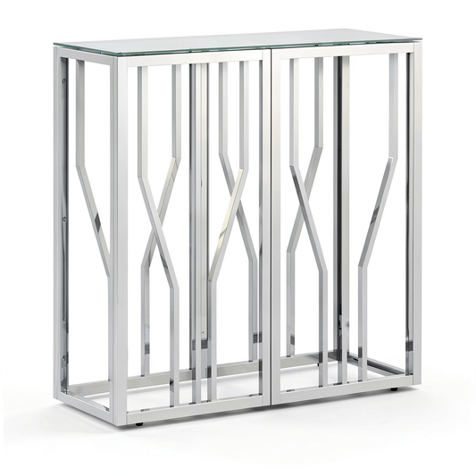 Consolle argentata in acciaio inox e vetro temperato effetto marmo, 70x30x70 cm, per soggiorno e ufficio