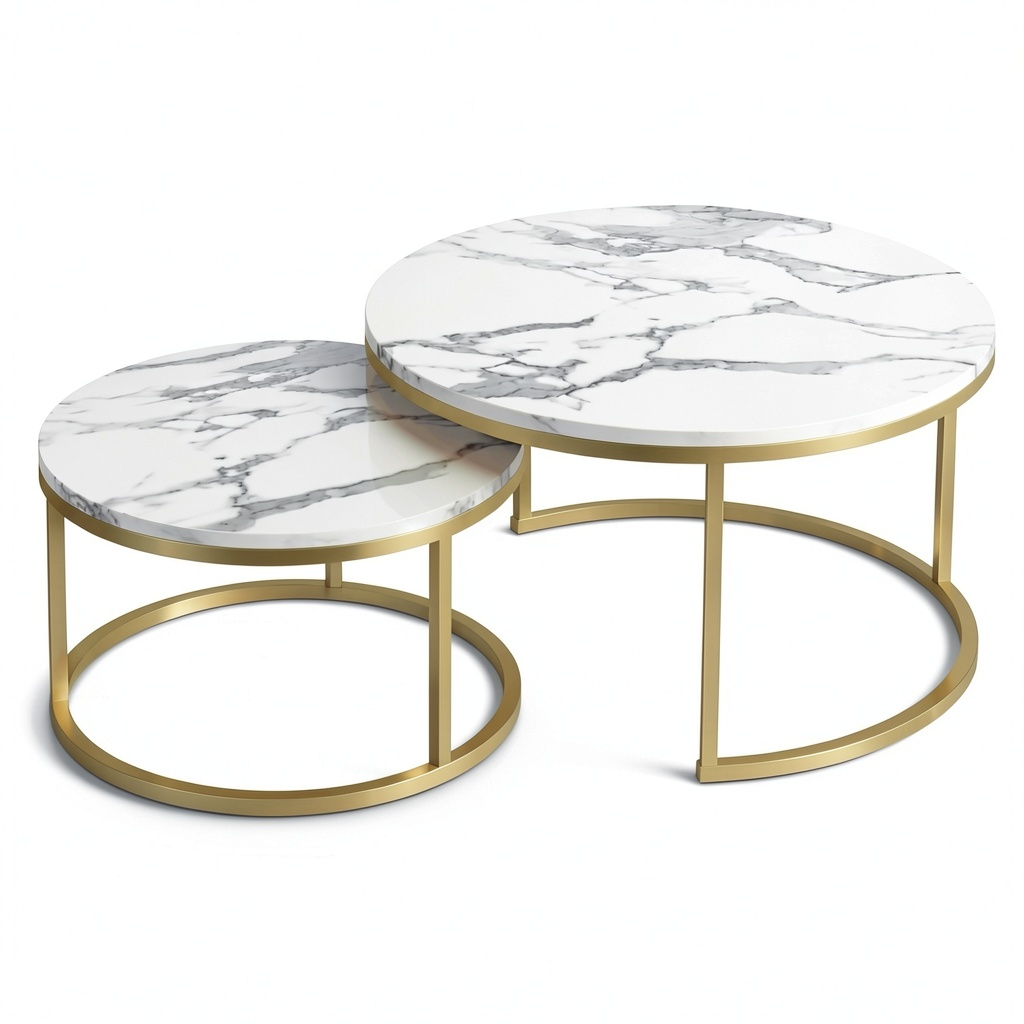 Set Tavolini da Salotto Rotondi Bianchi e Oro con Effetto Marmo, Design Moderno