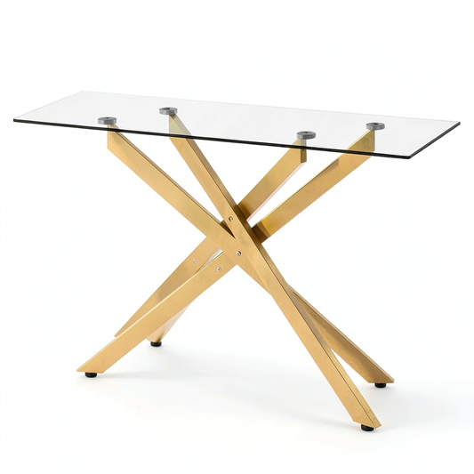 Tavolo Consolle Moderno in Vetro con Gambe Incrociate in Ferro, 114x46x76 cm