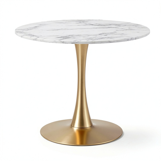 Tavolo da Pranzo Rotondo 90 cm Marmo Bianco con Base in Metallo Dorato