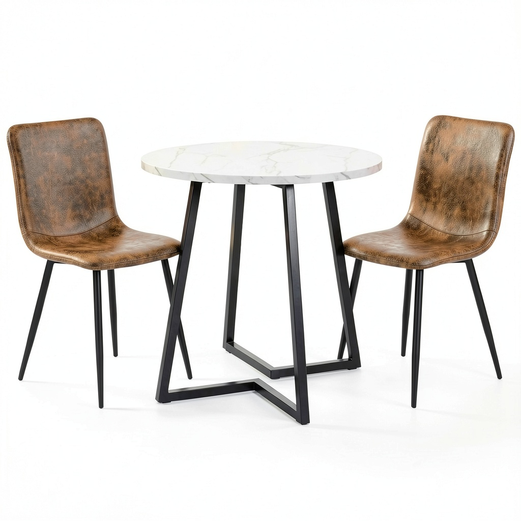Set tavolo rotondo da 80 cm con sedie vintage effetto marmo e pelle scamosciata
