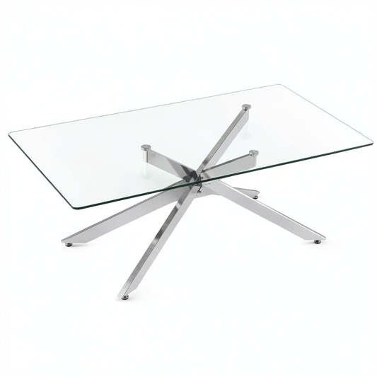 Elegante Tavolo da Caffè in Vetro e Metallo, Design Moderno con Piedini Regolabili, 120x60x45,5 cm, Argento