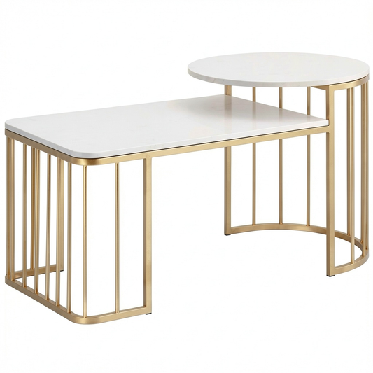 Tavolino da caffè Ankara in effetto marmo bianco e oro, 90x50x50 cm