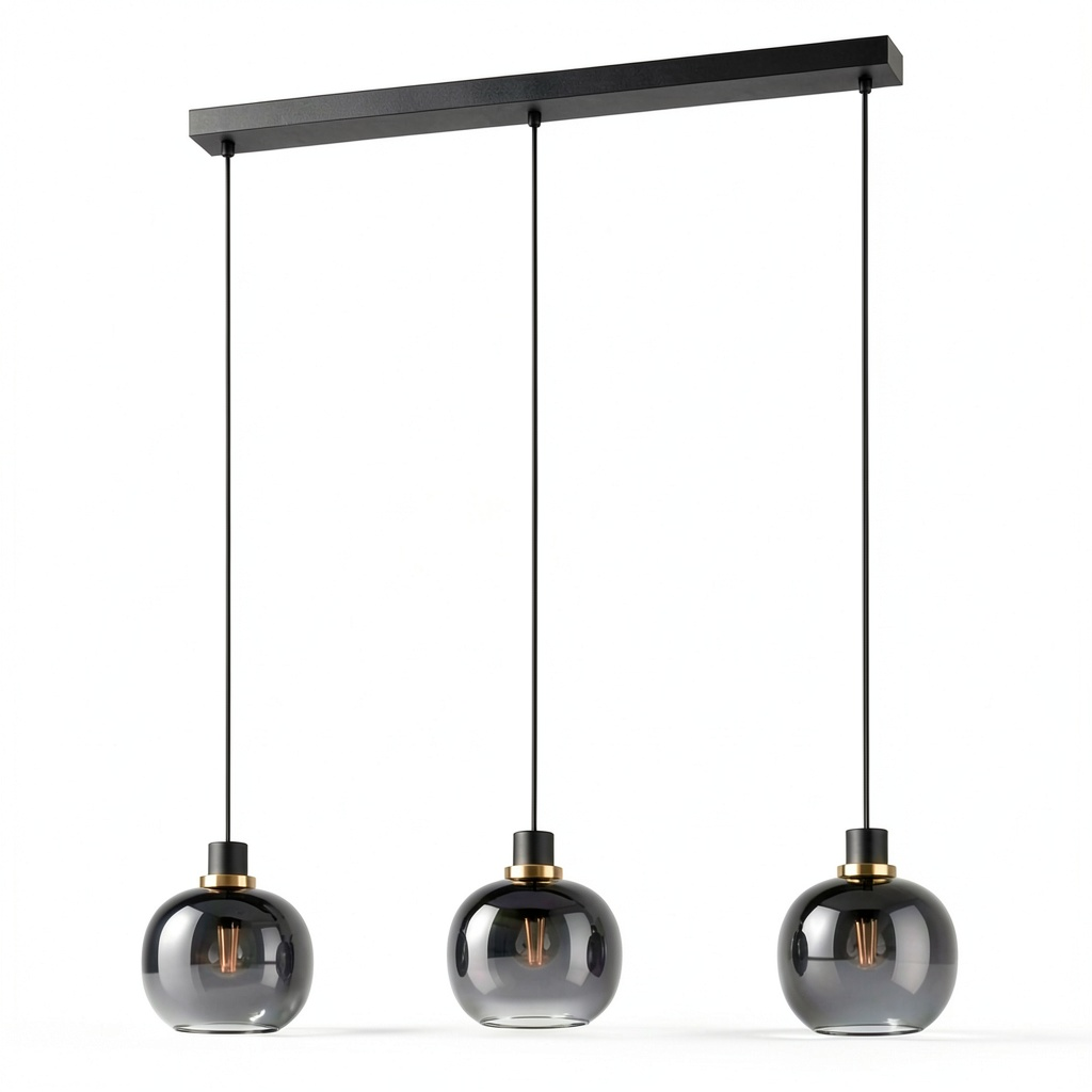 Lampada a sospensione Eglo Oilella con 3 luci, vetro fumé e metallo nero, dettagli in ottone, sfera in vetro, attacco E27, 95 cm, ideale per sala da pranzo