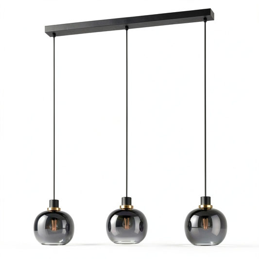 Lampada a sospensione Eglo Oilella con 3 luci, vetro fumé e metallo nero, dettagli in ottone, sfera in vetro, attacco E27, 95 cm, ideale per sala da pranzo