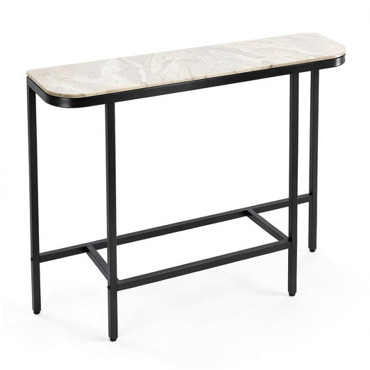 Consolle Ingresso Moderna in Pietra e Metallo, Effetto Marmo, Salvaspazio, per Corridoio e Entrata, 110x30x91 cm, Grigio/Nero