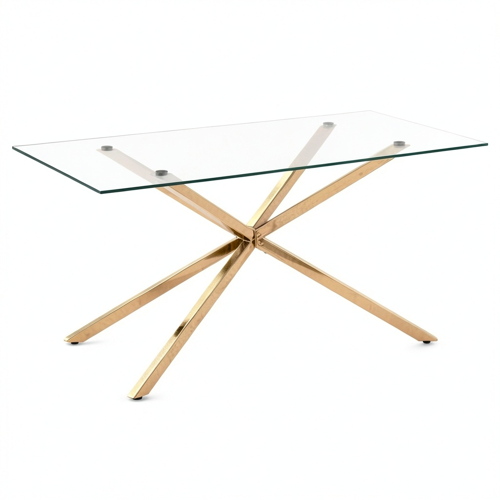 Tavolo da pranzo rettangolare in vetro temperato con gambe dorate 160x90 cm