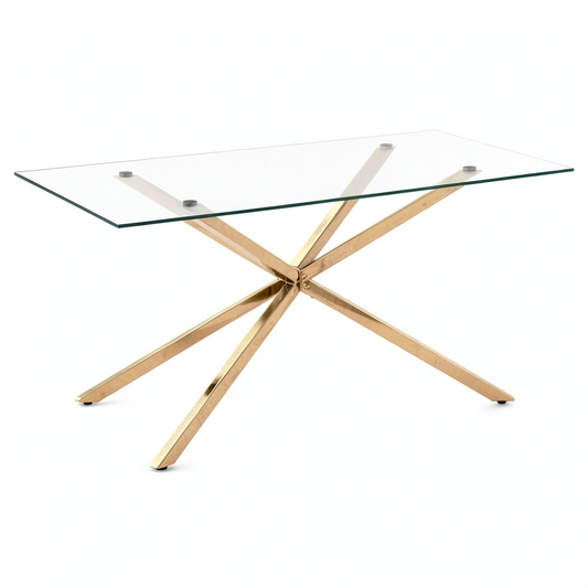 Tavolo da pranzo rettangolare in vetro temperato con gambe dorate 160x90 cm