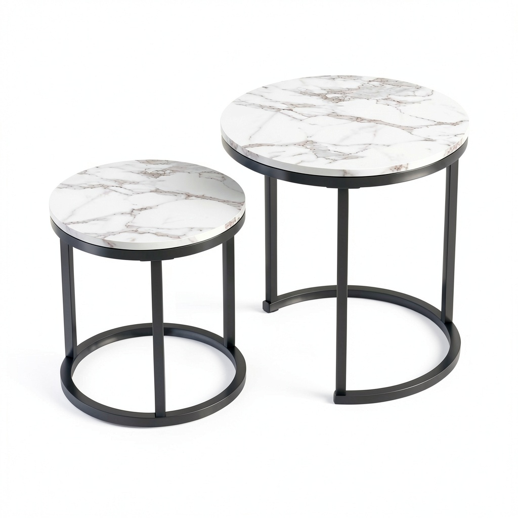 Set di 2 Tavolini Rotondi in Effetto Marmo, Cornice Nera, Design Moderno