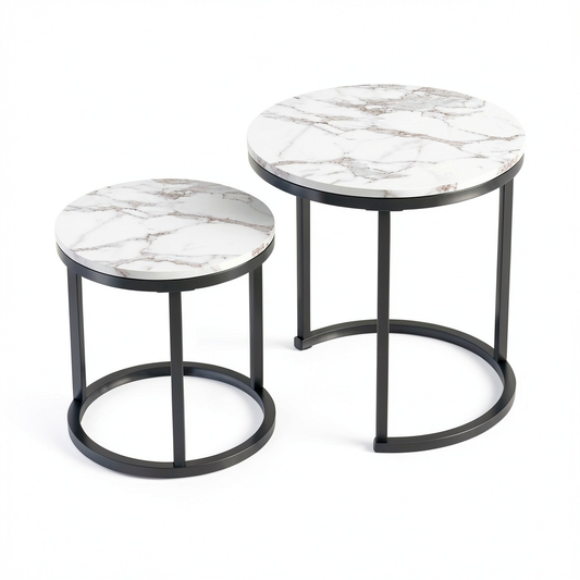 Set di 2 Tavolini Rotondi in Effetto Marmo, Cornice Nera, Design Moderno
