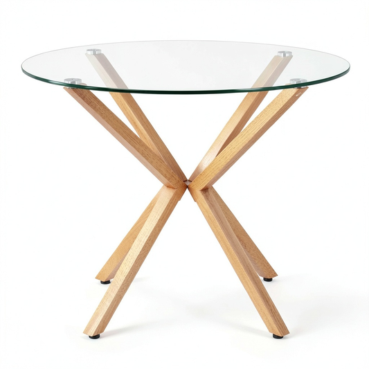 Tavolo Rotondo in Legno Chiaro con Piano in Vetro, Ø 90 cm