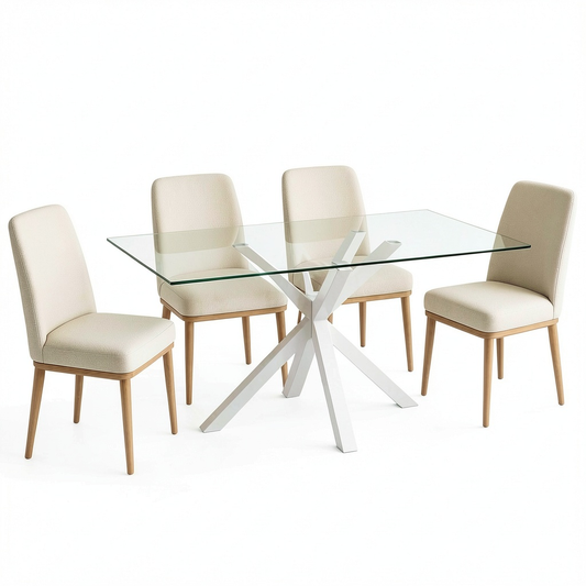 Tavolo da Pranzo Moderno in Vetro Bianco con Struttura in Metallo - Dimensioni 140x80x75 cm