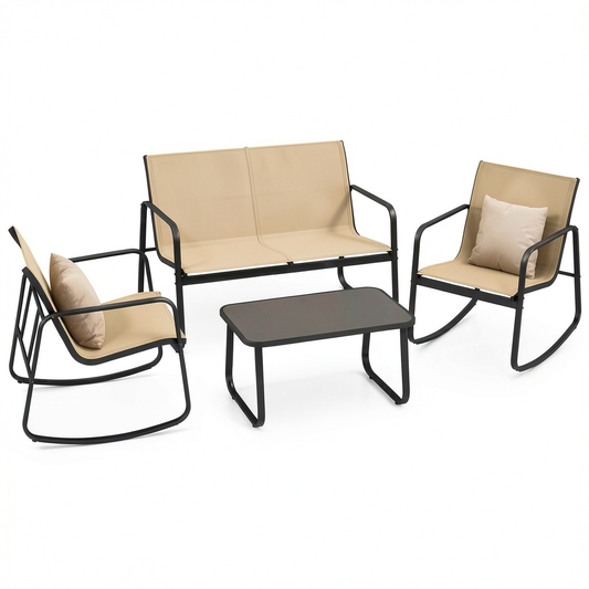 Set da Giardino 4 Pezzi con Textilene e Tavolo in Vetro, Sedie e Divanetto a Dondolo per Patio