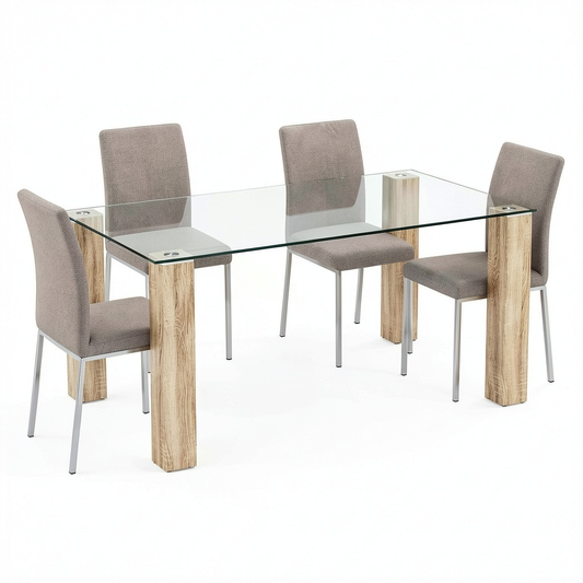 Tavolo da Pranzo Rettangolare in Vetro Temperato 12mm con Struttura MDF effetto Legno, 140x80x75 cm