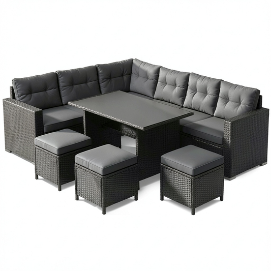 Set Divano Angolare in Rattan per Giardino, 9 Posti, con Tavolo in Vetro, 3 Sgabelli, Cuscini Impermeabili e Copertura Pioggia - Nero