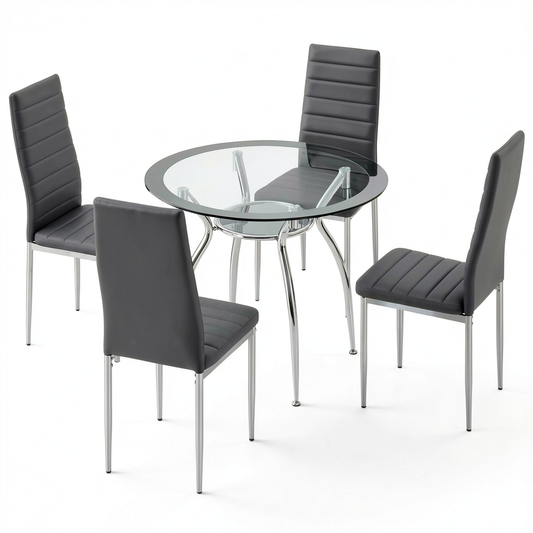 Set da Pranzo HOMCOM con Tavolo Rotondo in Vetro e 4 Sedie in Acciaio, Ø90 cm