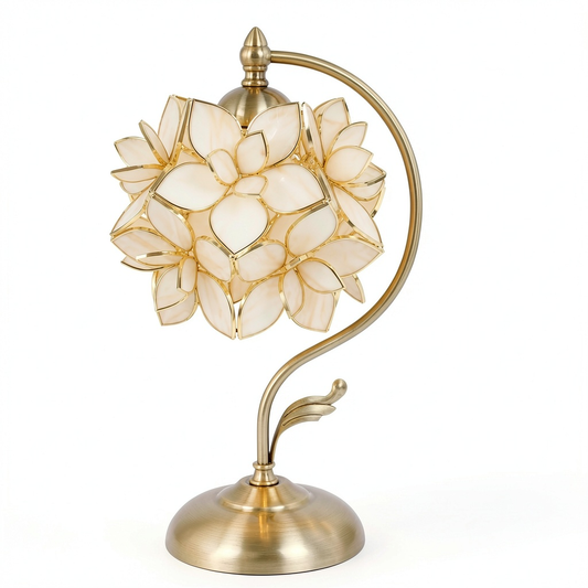 Lampada da Tavolo Tiffany in Vetro Artistico Crema con Base in Ottone