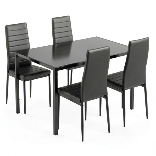 Set Tavolo da Pranzo con Piano in Vetro e Sedie in Similpelle Nera