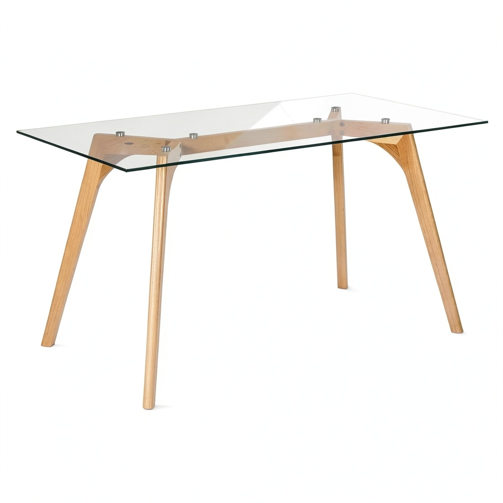 Tavolo da Pranzo Rettangolare con Piano in Vetro e Gambe in Legno 160x90 cm