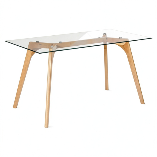 Tavolo da Pranzo Rettangolare con Piano in Vetro e Gambe in Legno 160x90 cm