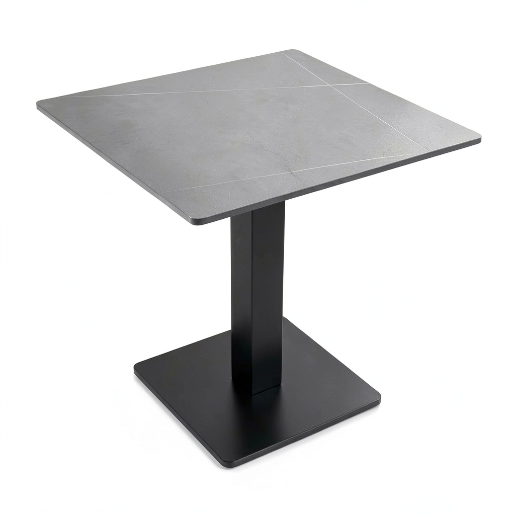 Tavolo Quadrato per Esterni ed Interni con Piano Effetto Marmo e Base in Metallo, 80x80 cm, Grigio e Nero
