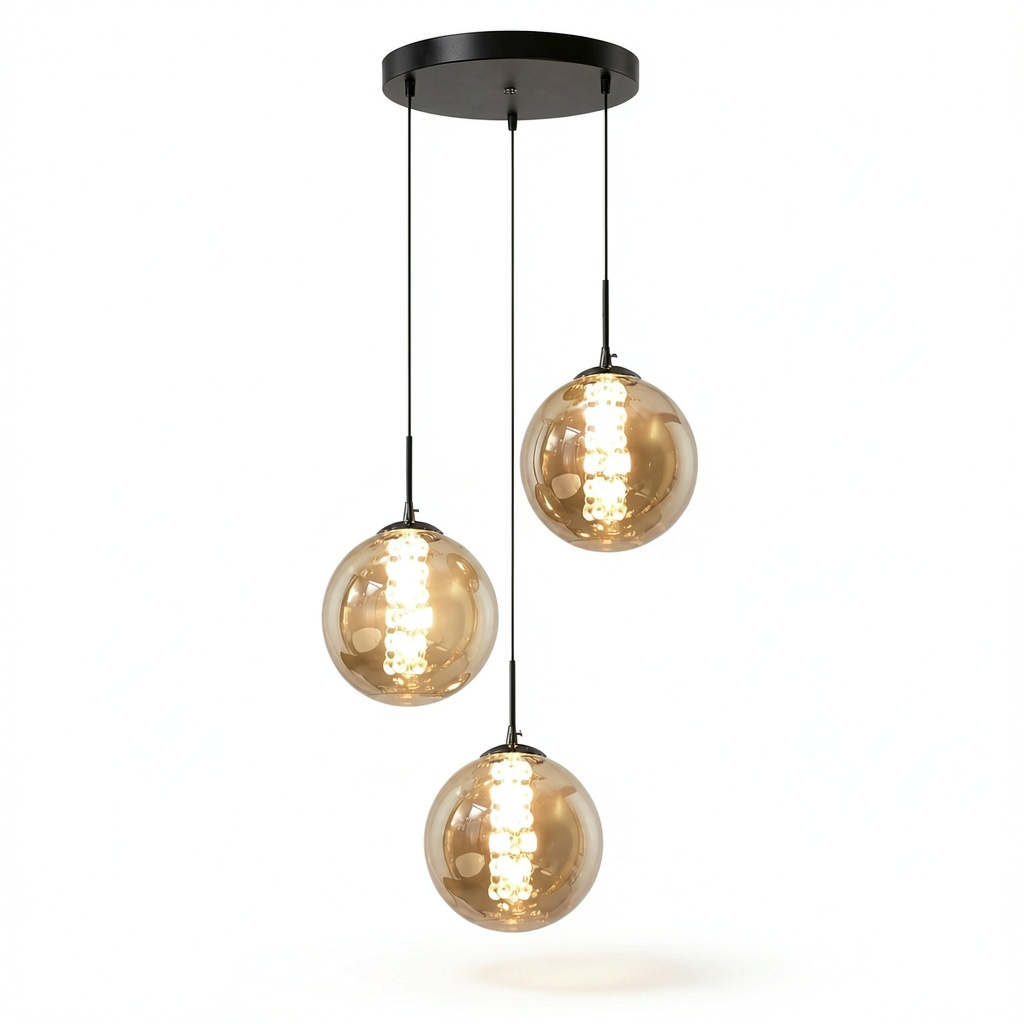 Lampadario a Sospensione con 3 Luci in Vetro Ambra, Altezza Regolabile per Sala da Pranzo e Soggiorno